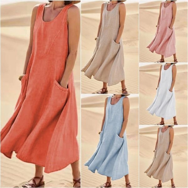 Imitation Cotton Amazon Independent Station wish2024 Summer European and American Foreign Trade Pocket Crewneck Women's Korean Style Dress