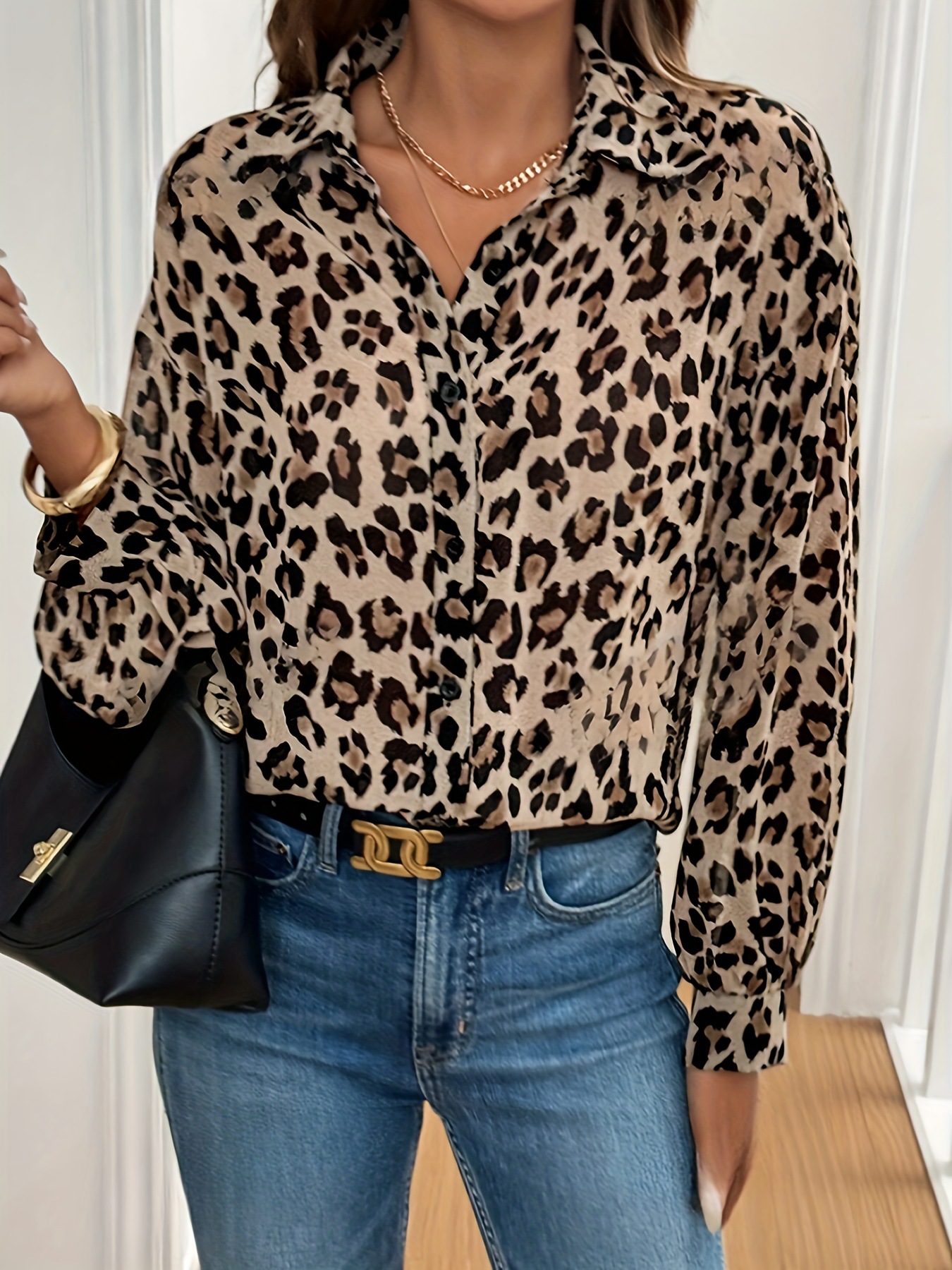 Picture of European and American Cross-Border Amazon New Elegant Leopard Print Long-Sleeved Loose Shirt Top