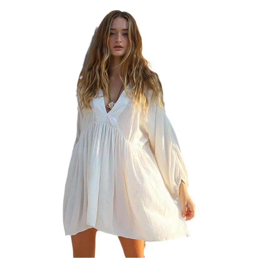 Cross-border New European and American Zou Cloth Long-sleeved Sunscreen Shirt Bikini Coat Beach Blouse Backless Swimsuit for Vacation