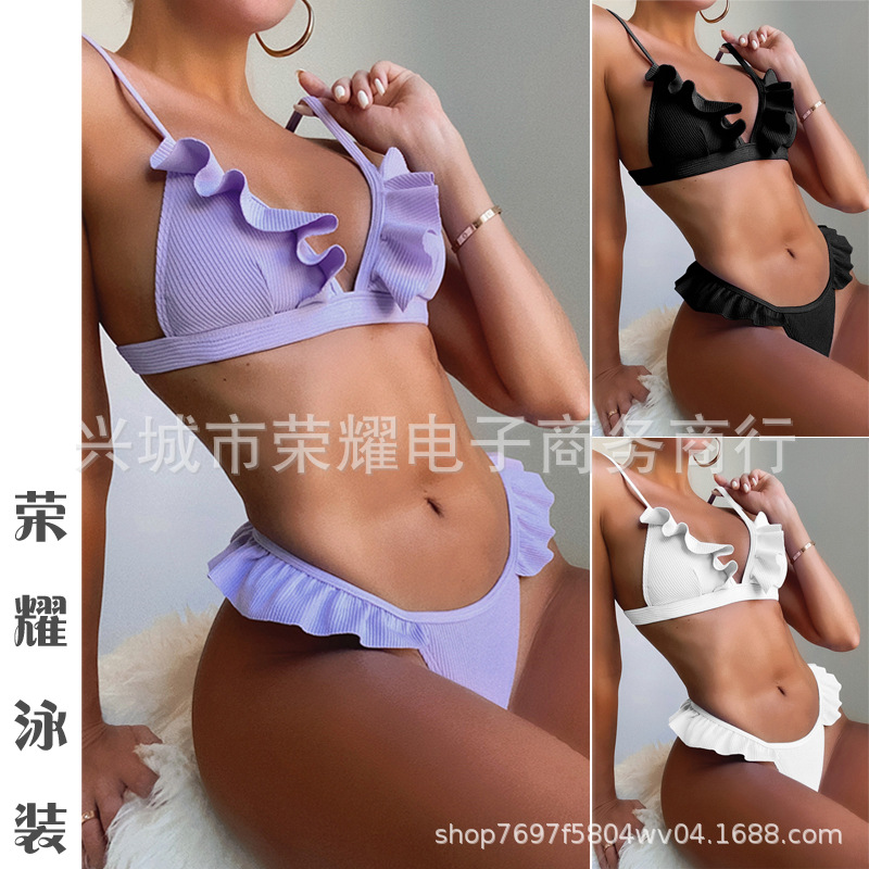 Exterior Single Swimsuit 2024 Europe and America Amazon New Explosions Amazon Ruffled Pit Strip Ladies Split Swimsuit Swimsuit
