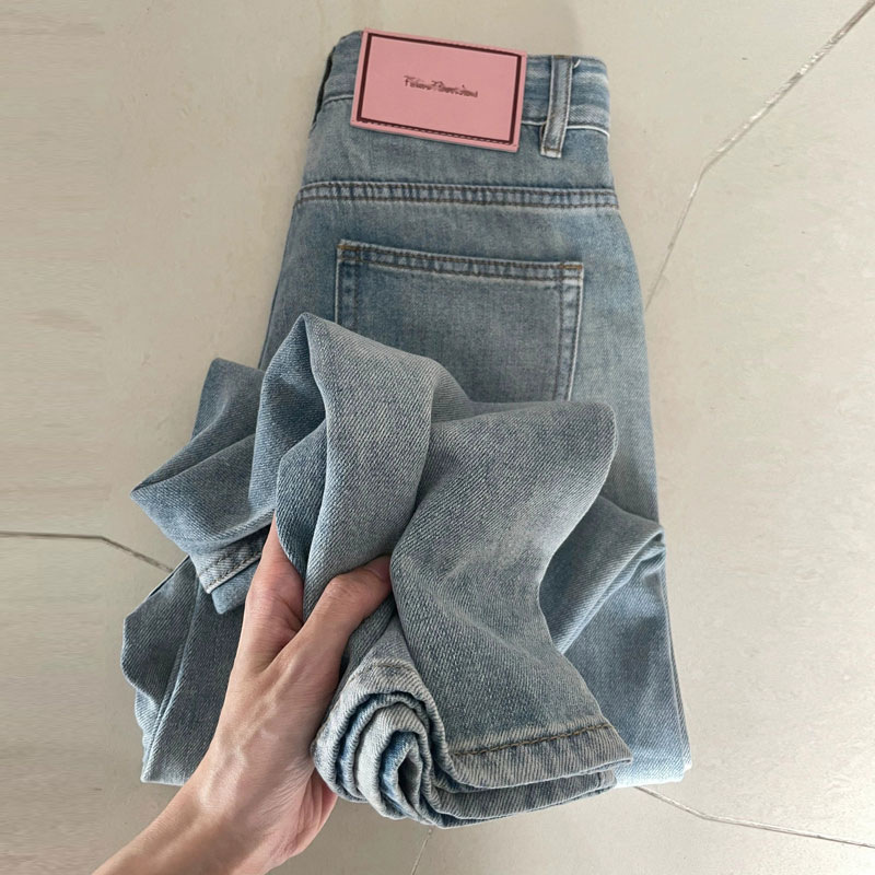 High street Net red pink label jeans Women's Small pear-shaped casual wide-leg all-match high waist straight trousers mop pants