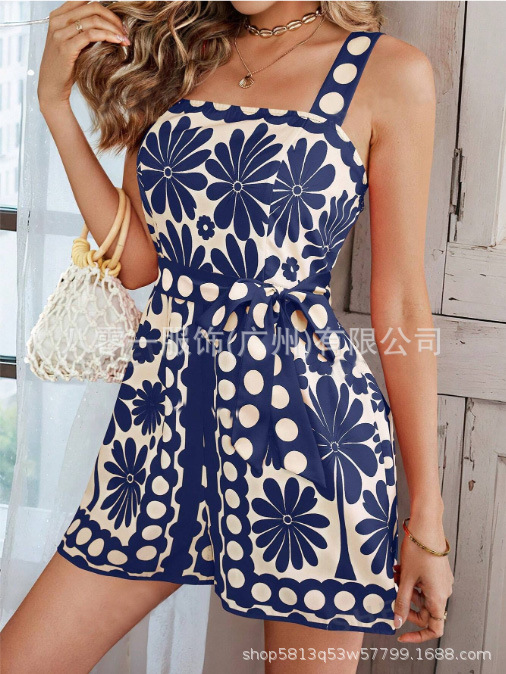 Picture of European and American Retro Casual 2025 Summer New Printed Sleeveless Button Lace-up Short Wide-leg Jumpsuit for Women