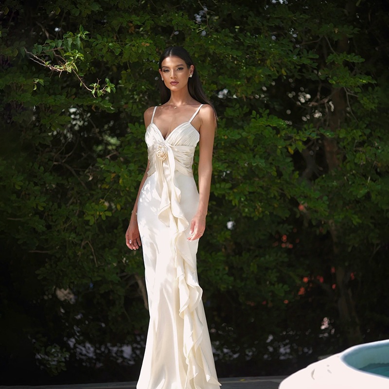 XY24517 Autumn 2024 New Dress Fashion Elegant Slim Flower Ribbon Satin Sling dress Women