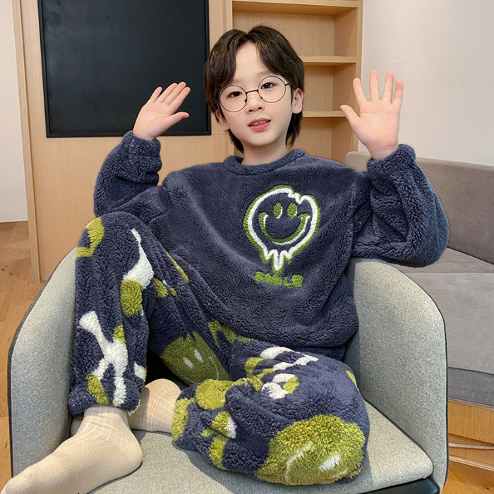 Picture of Autumn and Winter Plush Children's Pajamas Boy's Cute Cartoon Thickened Warm Coral Fleece Children's Home Clothes