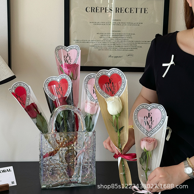 Zhuo Fiber Flower Material Croheart Single Bag Opp Waterproof Film Single Rose Flower Paper Bouquet Bag Flower Packaging Bag