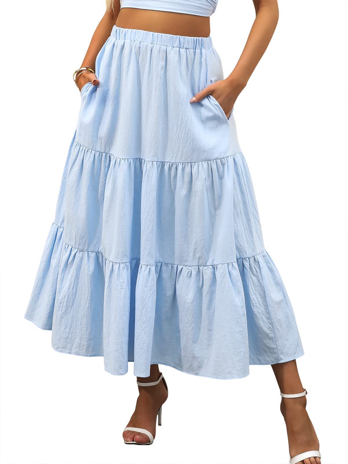 Picture of Amazon Women's Summer Bohemian Pleated A-Line Flowy Swing Layered New Skirt with Pockets