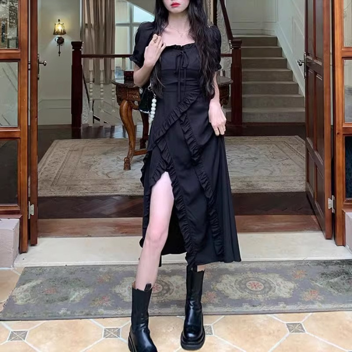 Picture of French Hepburn Style Black dress Women's Summer Xiazhong Design Irregular Split Skirt Slim-fit Skirt