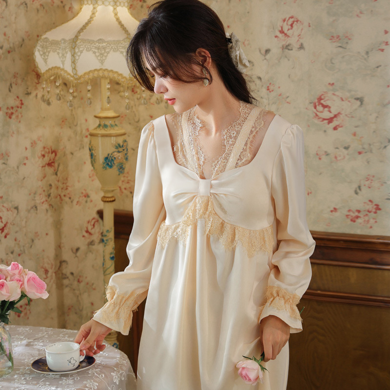 Long-Sleeved Nightgown Women's Spring Imitation Silk Palace Retro Style Lace Ice Silk Pajamas Chest Pad Outfit Home Clothes Autumn and Winter