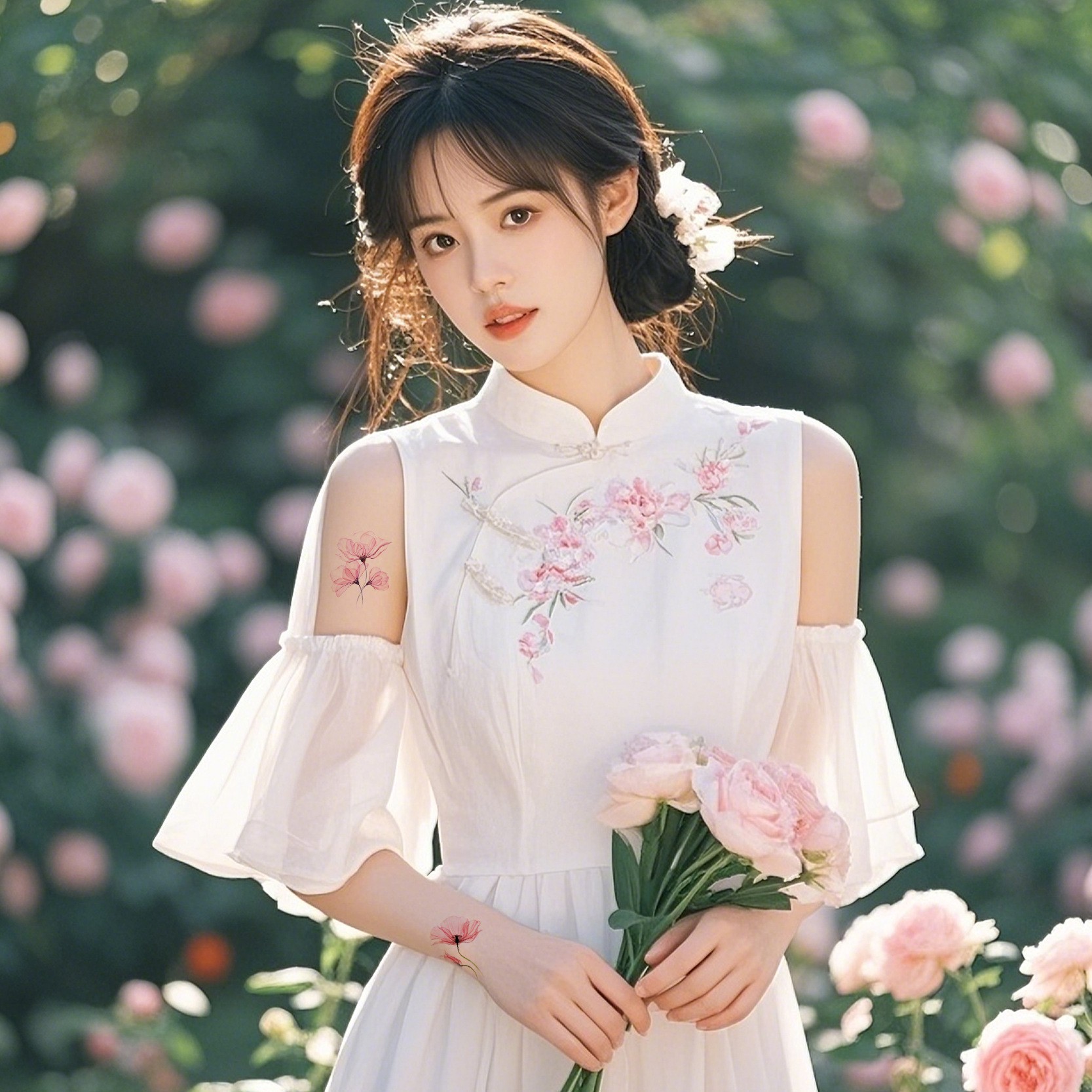 Picture of Watercolor Flower Small Fresh Antique Tattoo Sticker Hand Back Collarbone Chest Sexy Cover Scar Flower Arm Tattoo Sticker