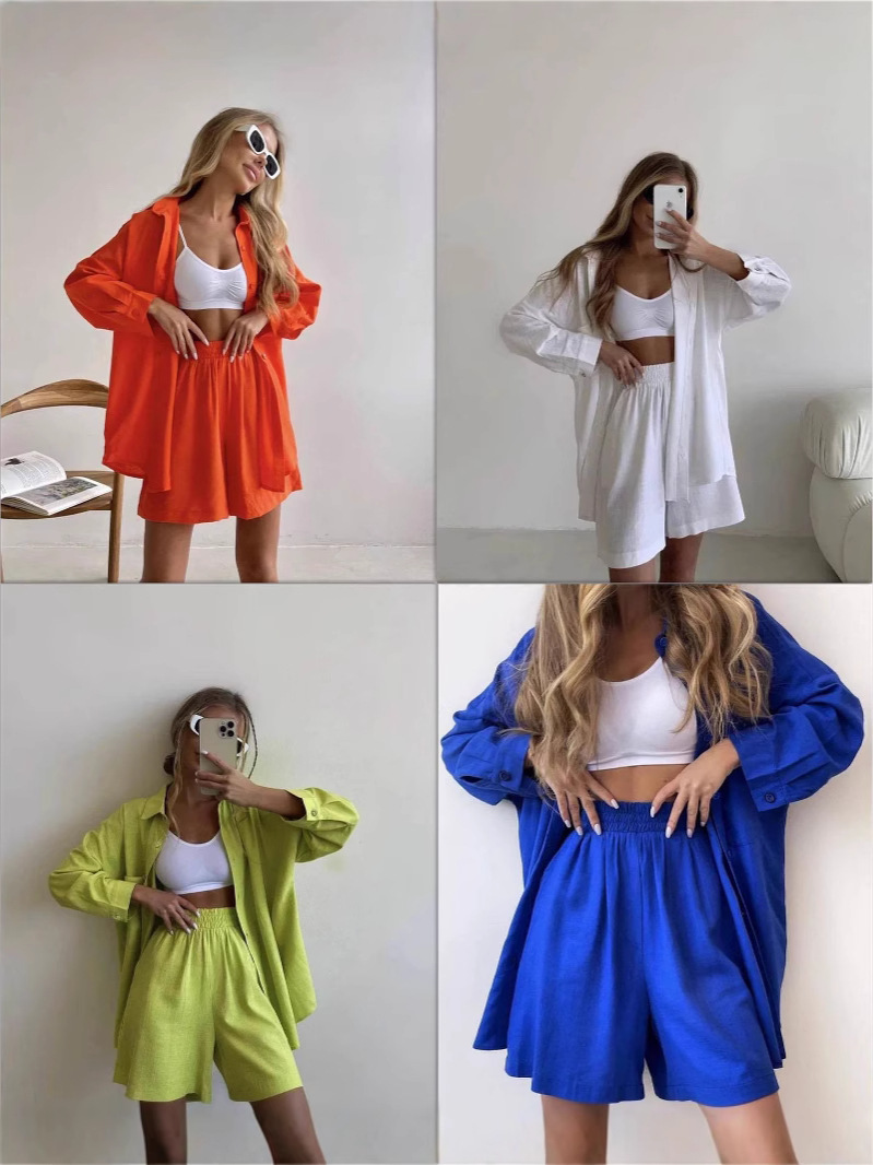 Casual plus size Long-sleeved Single-breasted Shirt Shorts Two-piece Set Elegant Spring and Autumn Loose Fashionable Solid Color Sports suit