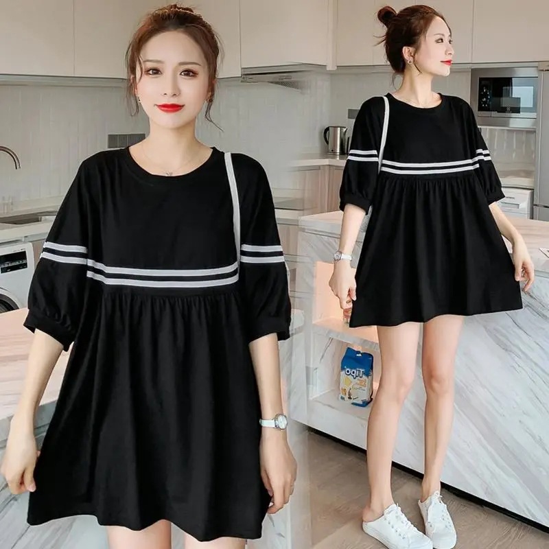 Picture of Spot maternity dress large size women's summer long loose belly covering short sleeve T-shirt skirt 200kg pregnant women's skirt