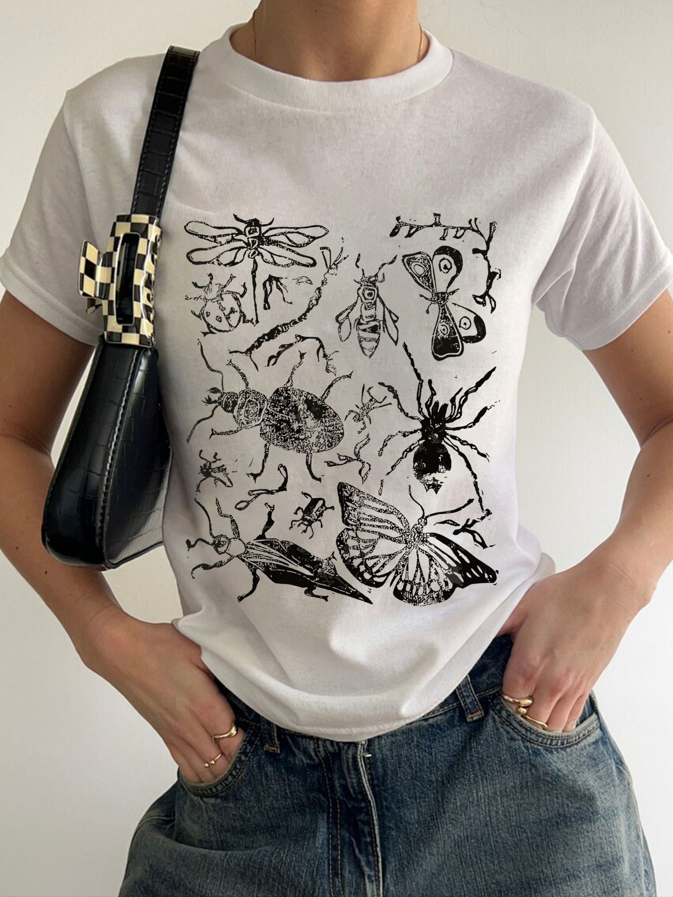 180gT-Shirt/1 T-Shirt/100% Polyester, Women Insect World Printed Round Neck T-Shirt