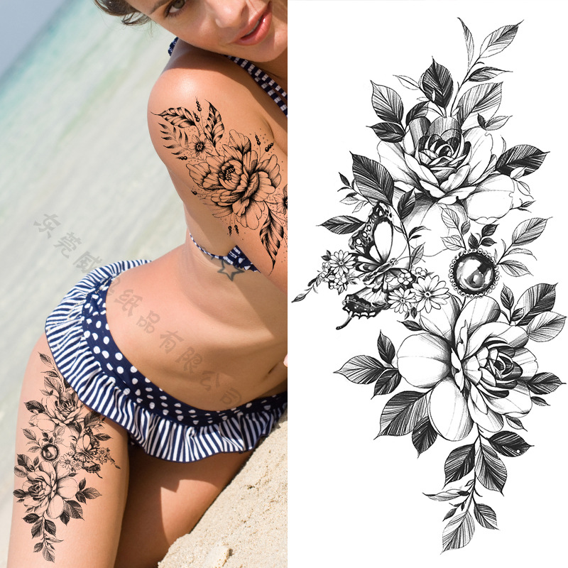 Picture of Cross-Border Supply of Sketch Flower Tattoo Stickers, Sketch Tattoo Stickers, Rose Flower Black and White Flower Tattoo