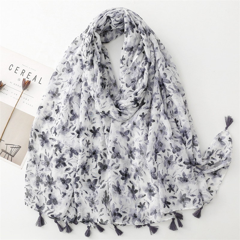 Cross-border export scarf spring and summer national style clothing wear silk scarf national style ink painting black flower sunscreen shawl