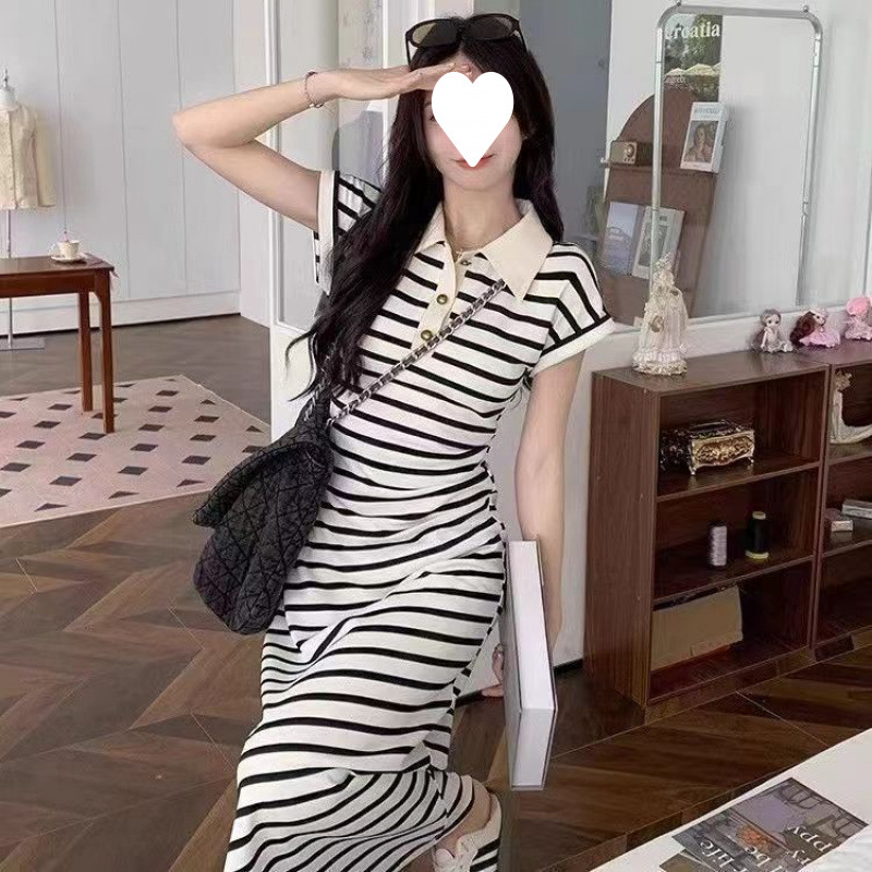 Summer New Striped Polo Dress Fashion Youthful Slimming Elegant Casual Dress for Women