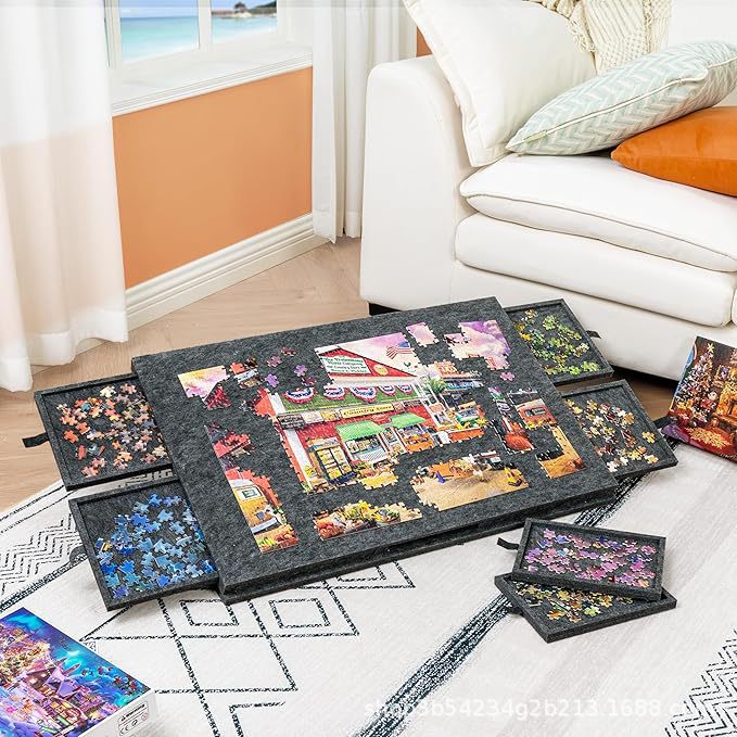 Cross-Border Kidsren's Puzzle Classification Board Puzzle Table Board with Bracket Lid 6 Drawers Portable Puzzle Table Puzzle Board