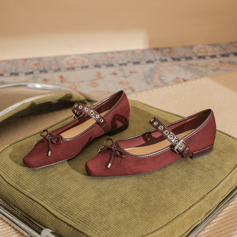 22307 Flat Shoes Women's Thick Heel New Square Toe Shoes with Mary Jane French Suede Bow Shoes