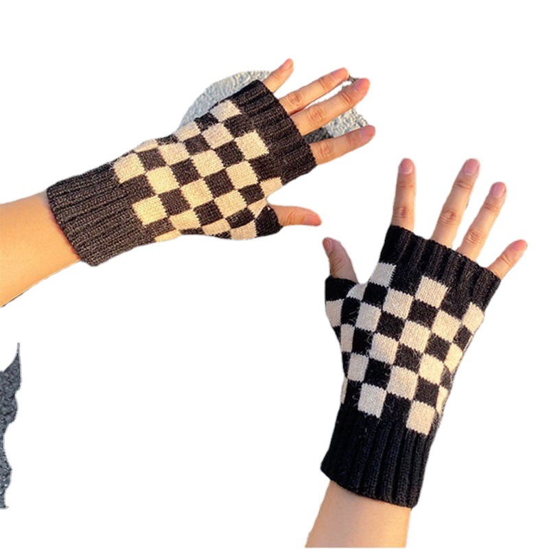 Checkerboard Black and White Plaid Half Finger Gloves Young Couple Knitted Autumn and Winter Cool Typable Hand Socks Half Hand Guard