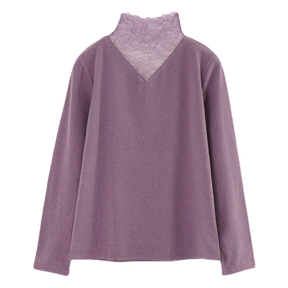 Velvet Warm Clothes Lace Base Shirt Women's Long Sleeve High Collar Goddess Clothes All-match Top T-shirt Women's Slim-fit Women's Clothing