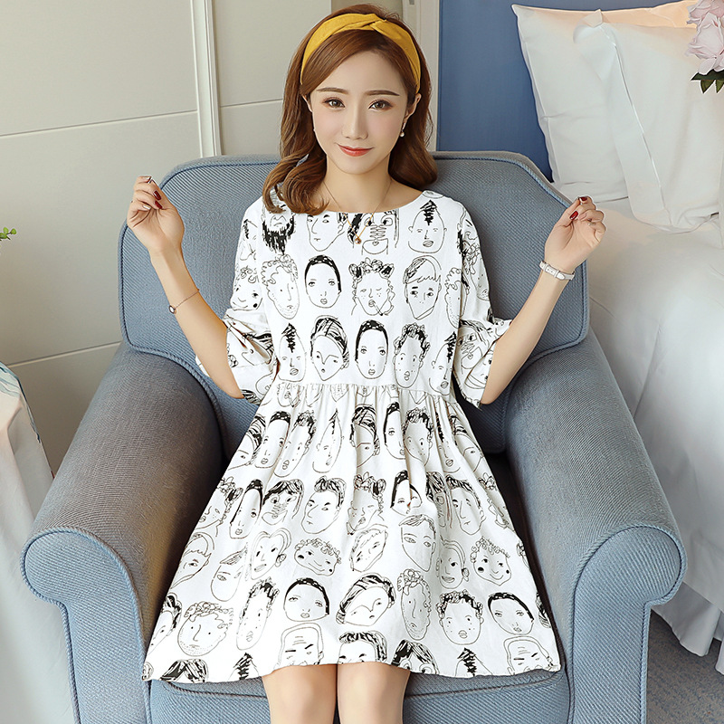 Picture of Pregnant Women's Summer Top New Mid-length Cartoon Dress Fashion Bow Loose Large Size Cotton and Linen Skirt