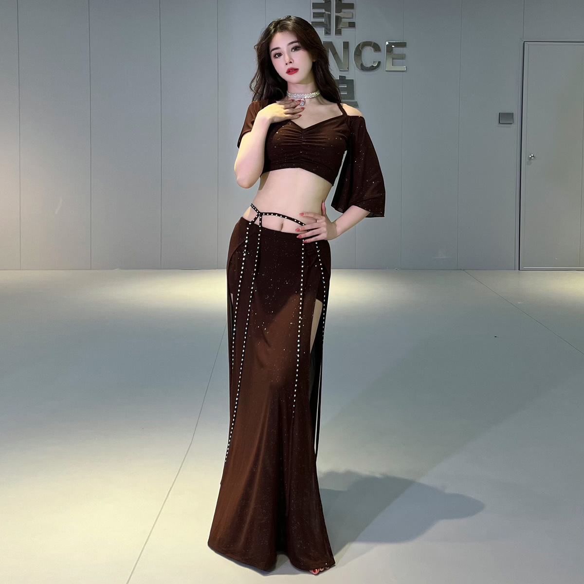 Dancers Original Niche Design Mocha Belly Dance Clothing Summer Mesh Training Clothing suit Class Clothing 5031