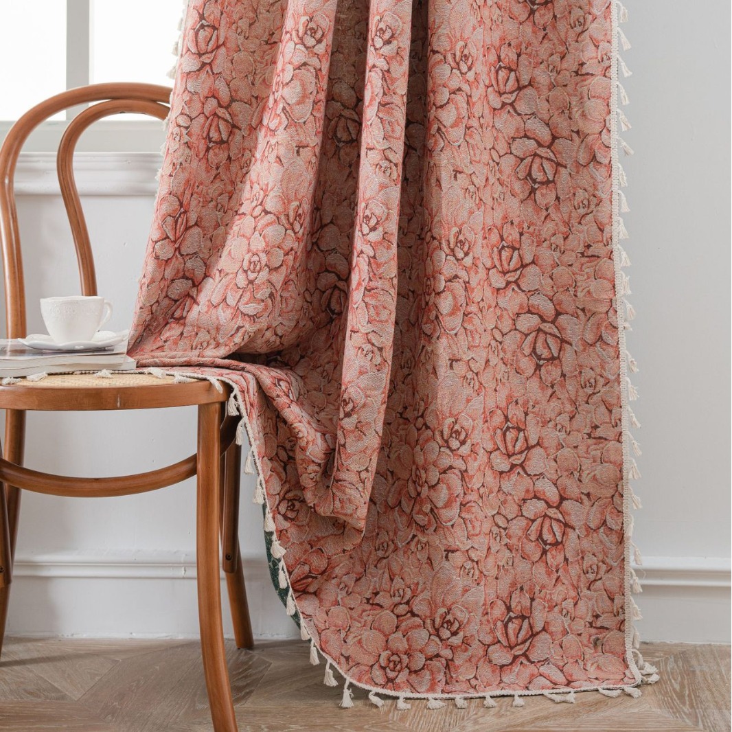 Picture of Yuman Qiyun Curtain Pink Fleshy Flower Jacquard Tassel Curtain Finished Kitchen Curtain Bay Window Semi-Shaded
