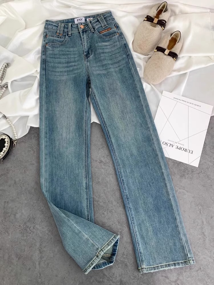 2025 Summer New Style Distressed Washed Jeans Women's High Waist Straight-Leg Casual High-Quality Easiest for Match Narrow Wide Leg Pants