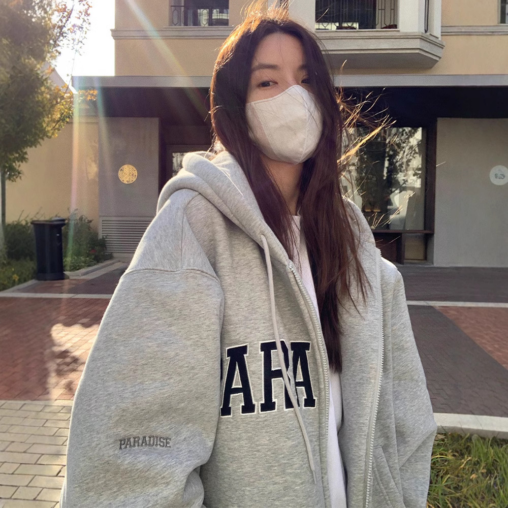 American Style oversize Hooded Cardigan Zipper Sweatshirt Women's Spring and Autumn Loose Retro Couple Fashion Brand Zipper Jacket