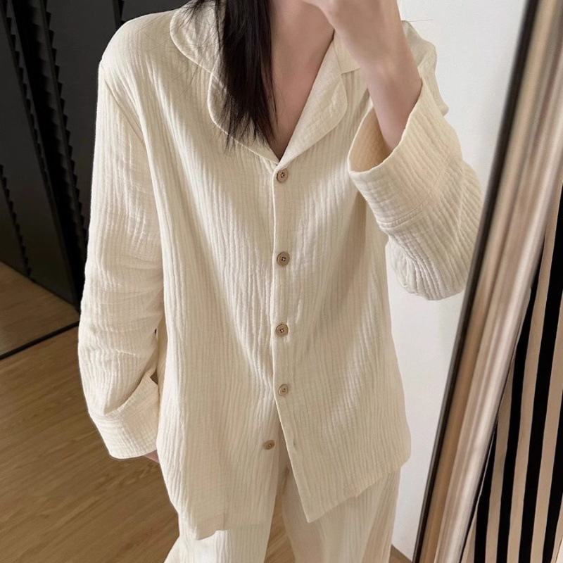 Korean Style High-end Skin-friendly White Pajamas Women's Spring and Autumn Imitation Cotton Wrinkled Solid Color Cardigan Long-sleeved Home Clothes Large Size Suit