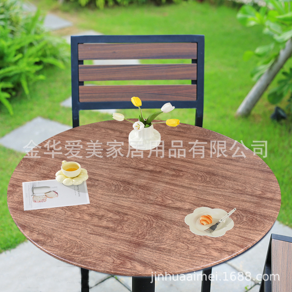 Cross-border Explosions Wood Grain PVC Table Cover Vinyl Flannel Base Round Table Cover Waterproof Courtyard Picnic Tablecloth