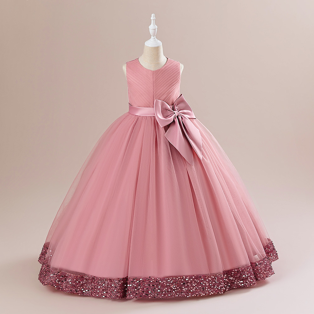 New European and American girls' cross-border dress for middle and big children long satin bow princess dress in stock wholesale