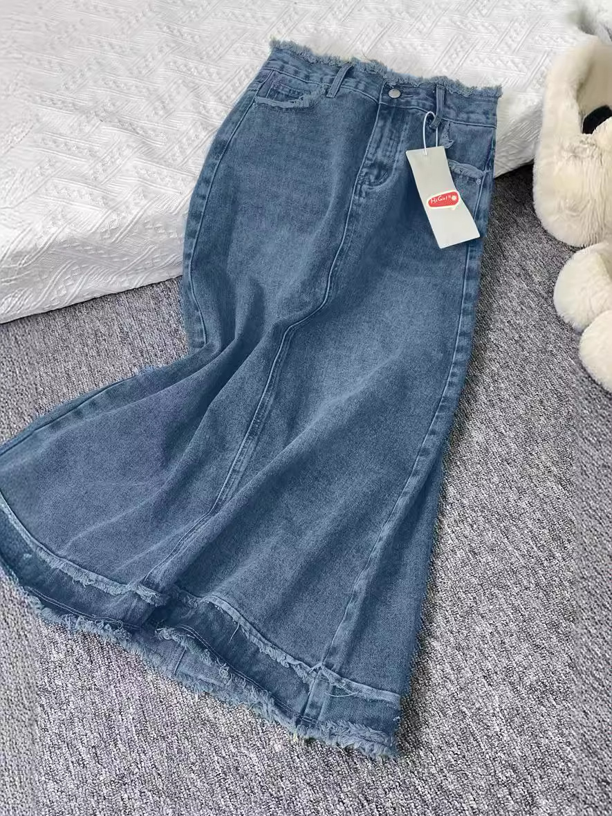 Vintage Fur Edge High Waist Denim Skirt Women's Mid-Length Spring and Summer Pear-Shaped Figure Tall A- Line Long Skirt Ins