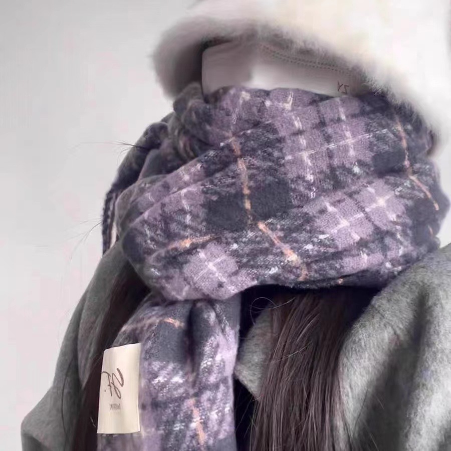 New Winter Korean Style Taro Purple Scarf Women's All-match Plaid Shawl Soft Waxy Retro Warm Neck Trendy