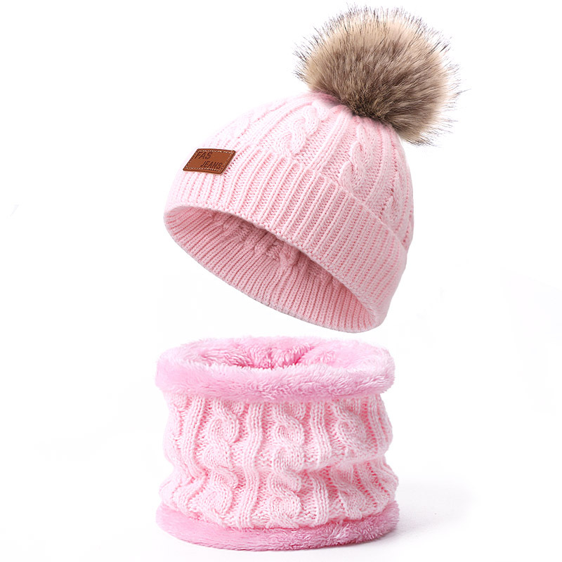 Picture of Winter Children's Neck Hat Two-Piece Pompom Baby Baby Knitted Hat Warm Wool Fleece-Lined Thickened Neck Set