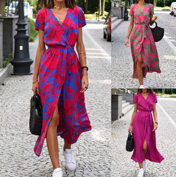 Independent Station Aliexpress Europe and the United States 2025 New Summer Women's Printed Short-Sleeved Dress V-Neck Waist Slit Long Skirt