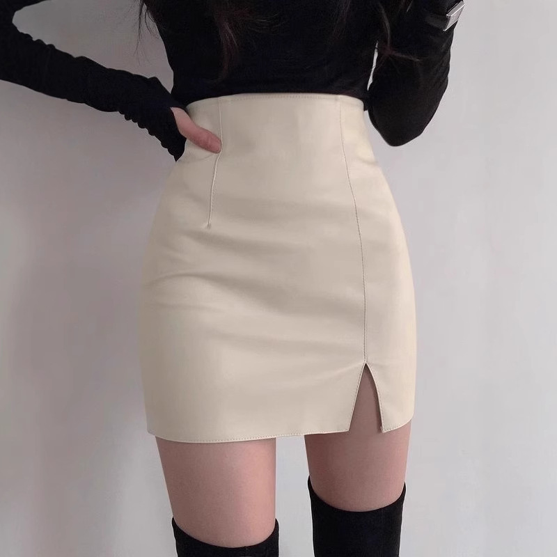 Black pu leather split skirt short women's autumn and winter tight sexy high waist stretch hip slimming one-step leather skirt