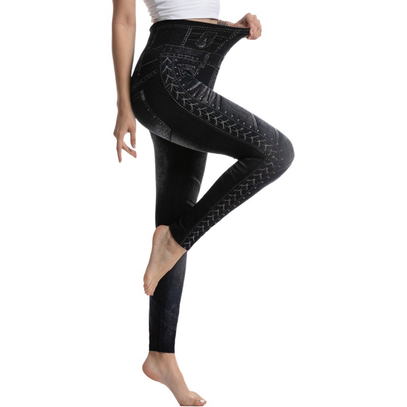 Amazon AliExpress fashion printed cotton imitation denim leggings women's high waist slim hip lifting pants women