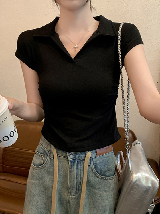 Picture of Ins Spice Girls Pure Wants Tight Waist T-shirt Short Sleeve Women's Summer New Solid Color Base Pullover Slim Fit Top Women's Fashion Wholesale