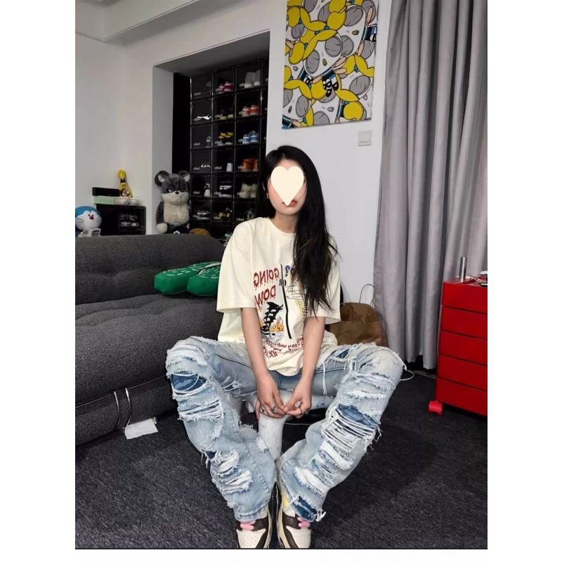 American Washed Pants High Street Retro Ripped Jeans Summer Straight Loose Beggar Pants 2024 European and American High Street