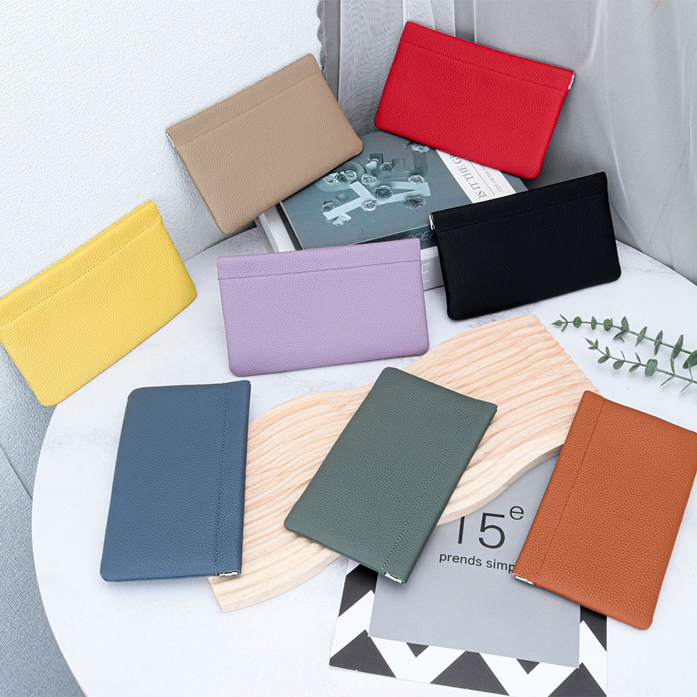 Pure top layer leather ultra-thin ladies wallet new simple long wallet automatic closure makeup lipstick storage bag
