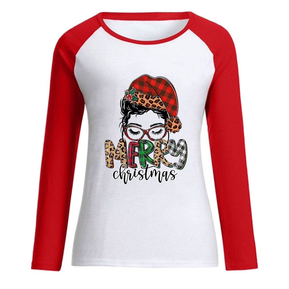 European and American fashion raglan long sleeve Christmas glasses frame girls printed letters personality round neck pullover long T winter clothing