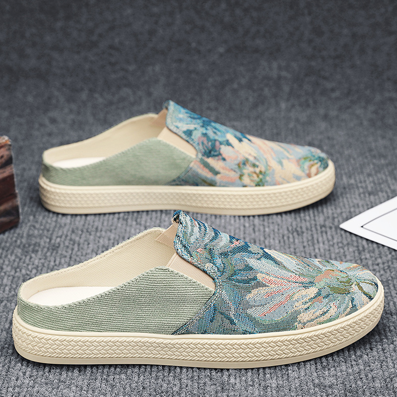 Canvas men's shoes summer breathable lazy multi-layer bottom slip-on old Beijing cloth shoes office skate shoes half slippers men's