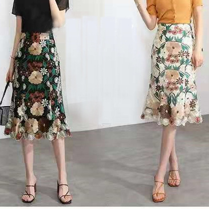 Picture of Lapel Beaded Three-point Sleeve Heavy Industry Mesh Embroidery A- word Loose Plus Size Retro Dress One-step Skirt