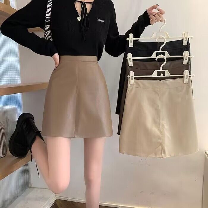 Leather skirt 2023 new style hip skirt women's autumn and winter elegant a-line skirt slimming high waist black skirt fashion ins