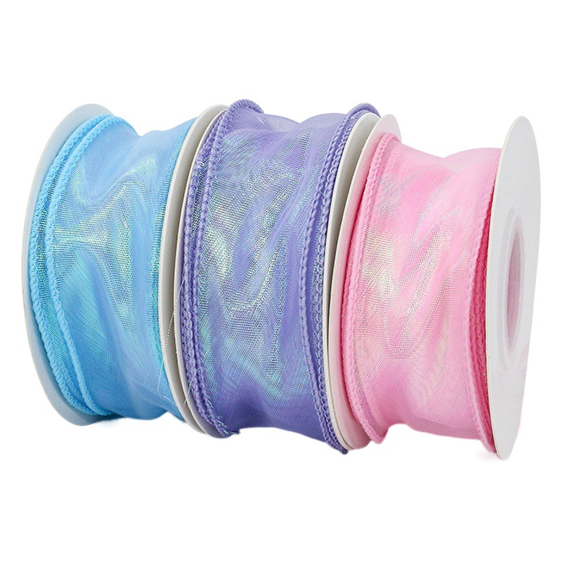 Factory wholesale 4cm magic color fishtail yarn flower packaging bouquet decorative bow over fishline yarn belt