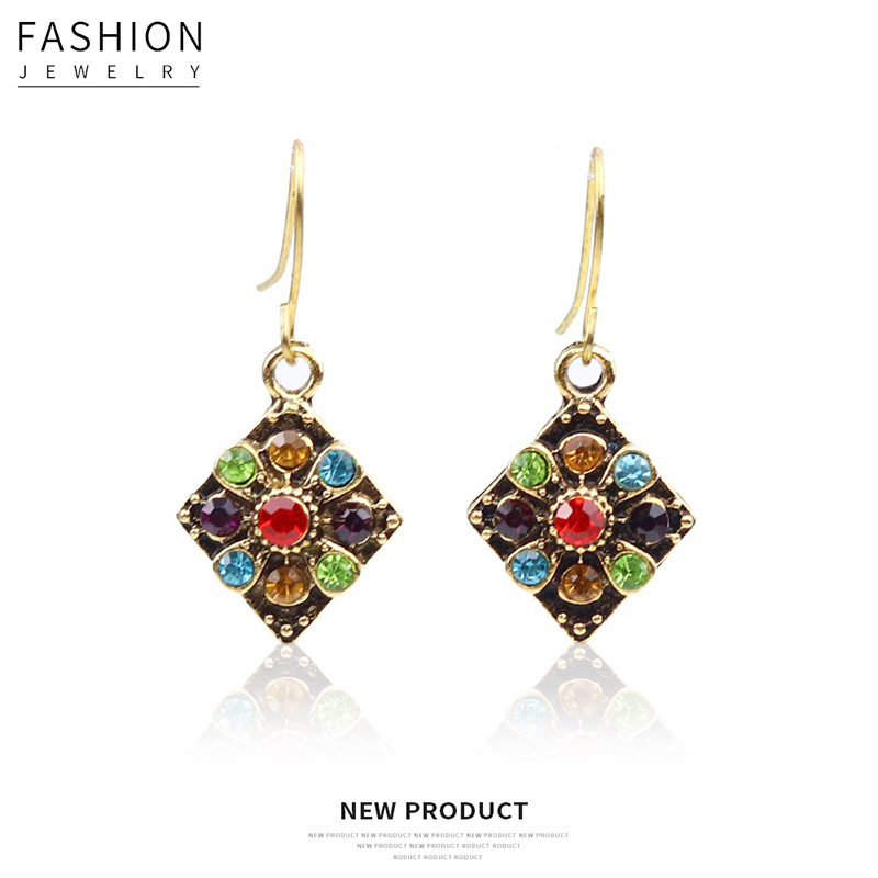 Retro ethnic geometric diamond earrings European and American fashion personality Bohemian colored diamond earrings earrings earrings