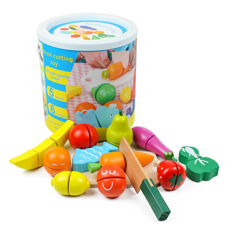 Children's wooden barrel fruit cutting children play house Velcro cutting music simulation kitchen early education educational toys
