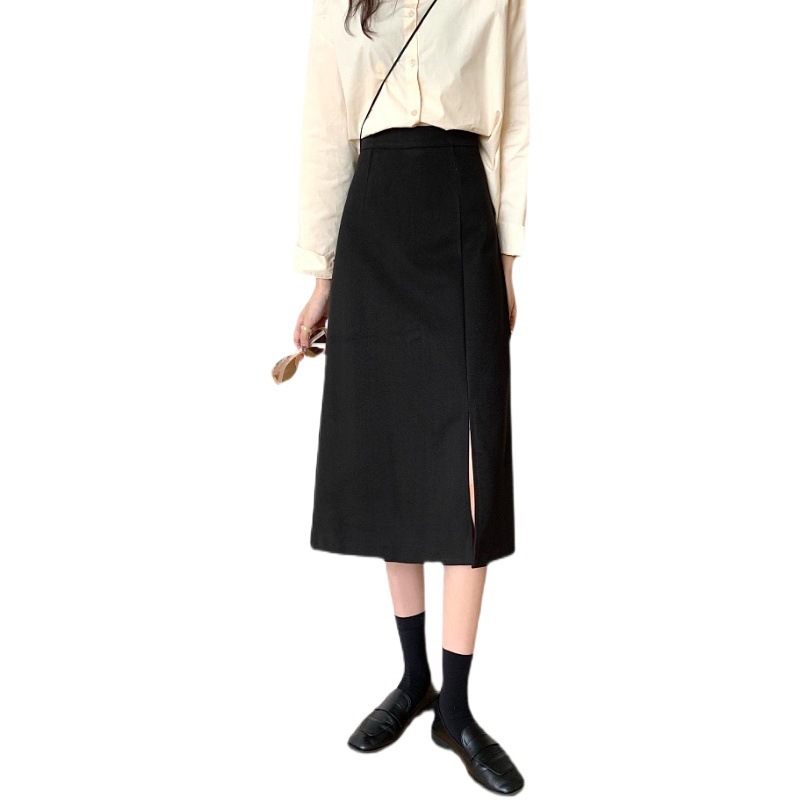 High Waist Solid Color Skirt Women's Autumn and Winter Mid-length A- line Skirt 2023 New High Waist Split Hip Long Skirt