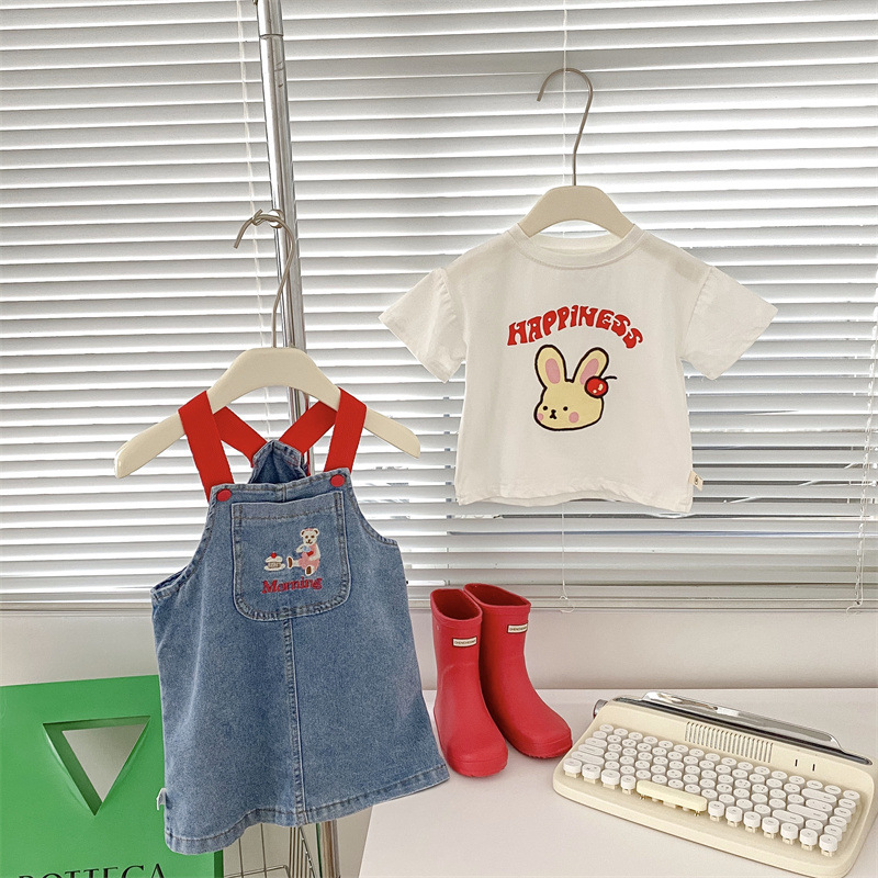 Overalls Suit Summer Kidsren's New Cartoon Printed Short-Sleeved Soft Denim Dress Embroidered Cute Two-Piece Set