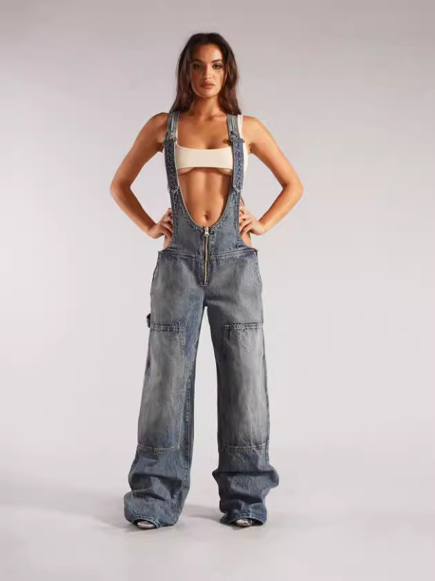 European and American Women's Cross-border Zipper Denim Overalls Autumn Trousers Loose Casual Pocket Trousers YX70056